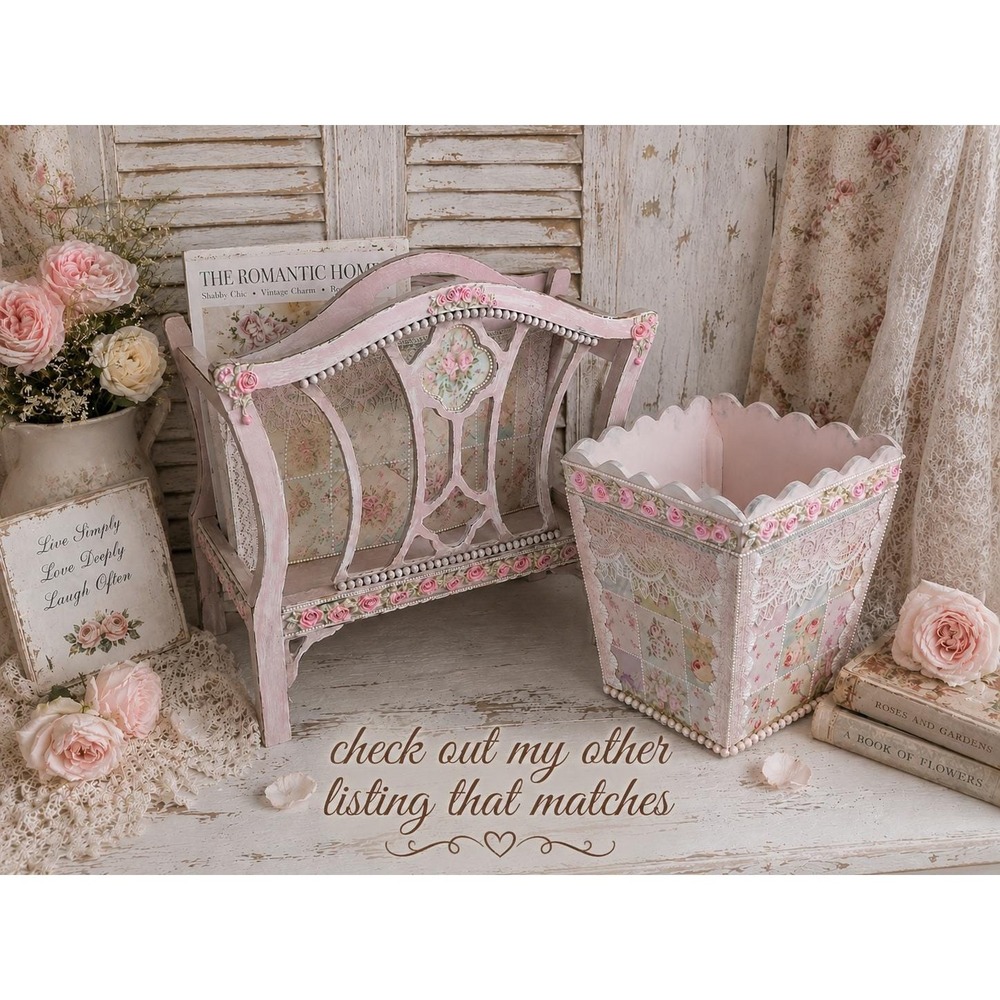 Rachel Ashwell Inspired Shabby Chic Rose Cottagecore Pink Patchwork Wastebasket - Picture 12 of 13